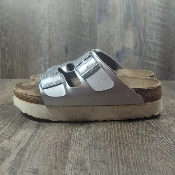 Papillio Birkenstock Silver Metallic Arizona Platform Sandals Womens Sz 8 EU 39 - Picture 6 of 13